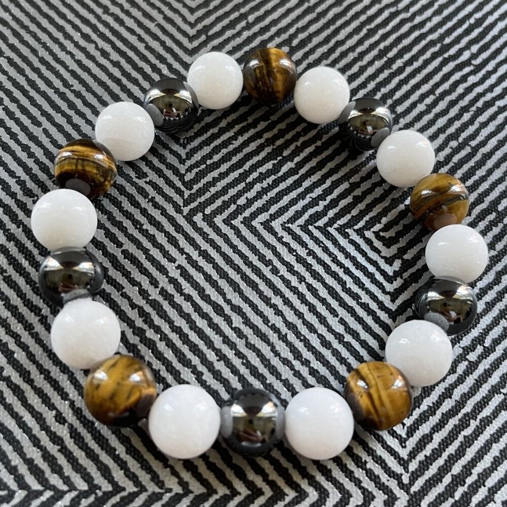 10mm Tiger Eye, White Tridacna, and Hematite Stretch Bracelet